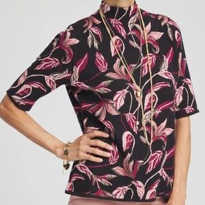 Chico's Jacquard Mock Neck Sweater Bold Lily Print Elbow Sleeve Size 0/Small EUC